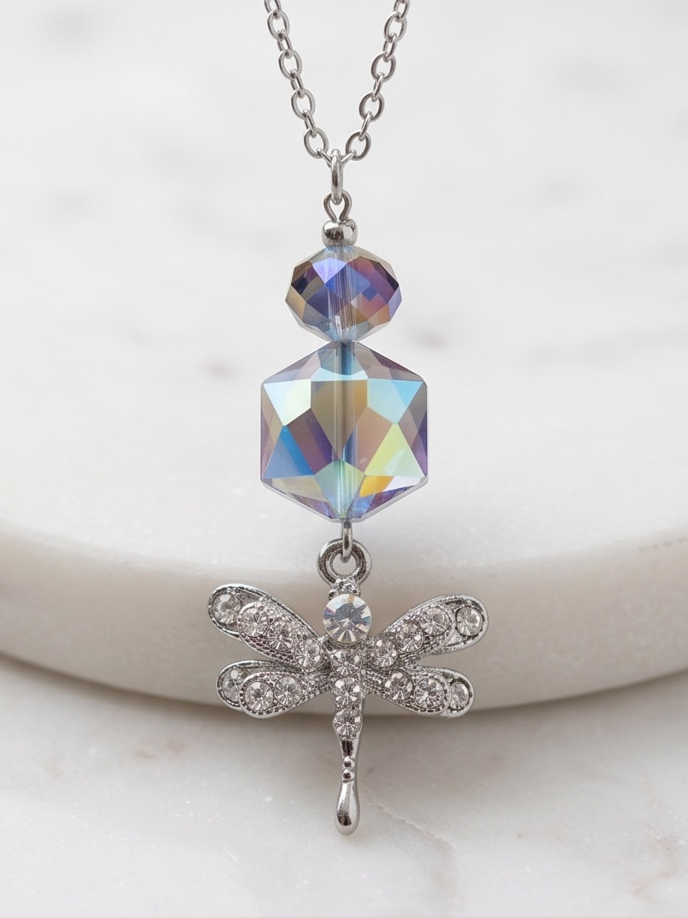 Silver Dragonfly Pendant Necklace in Iridescent Blue - Picture 5 of 5